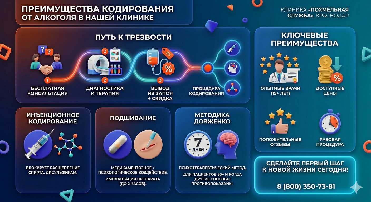 Инфографика о методах кодирования от алкоголя в Домодедово: инъекции, подшивание, метод Довженко. Преимущества клиники и этапы лечения.