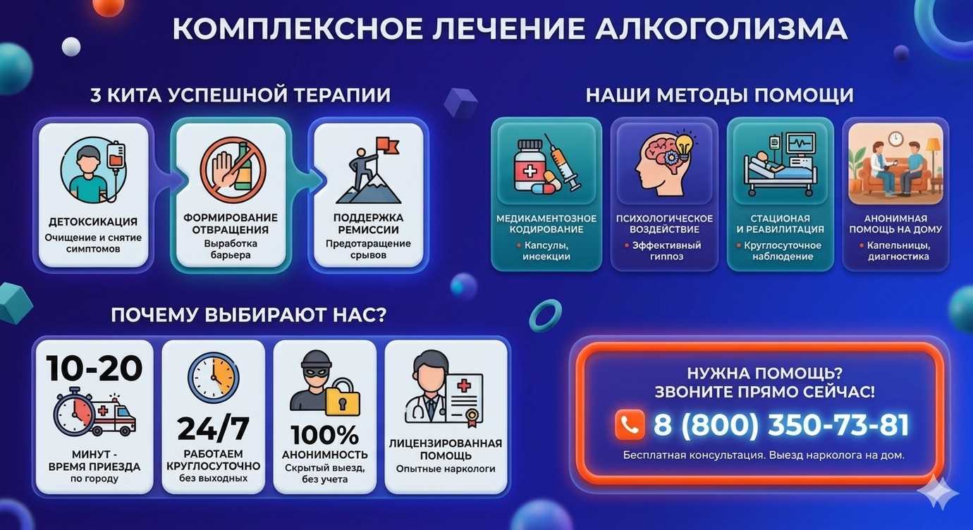 Инфографика о методах лечения алкоголизма в Домодедово: детоксикация, кодирование и анонимная помощь на дому от клиники Похмельная служба.