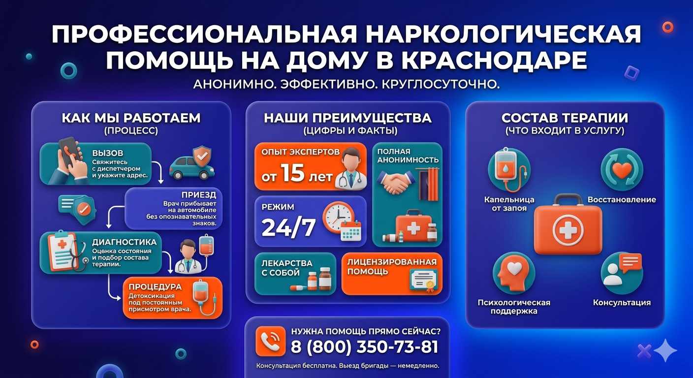 Инфографика о принципах лечения алкоголизма на дому в Домодедово: этапы вызова нарколога, преимущества анонимной детоксикации и состав медицинской помощи.